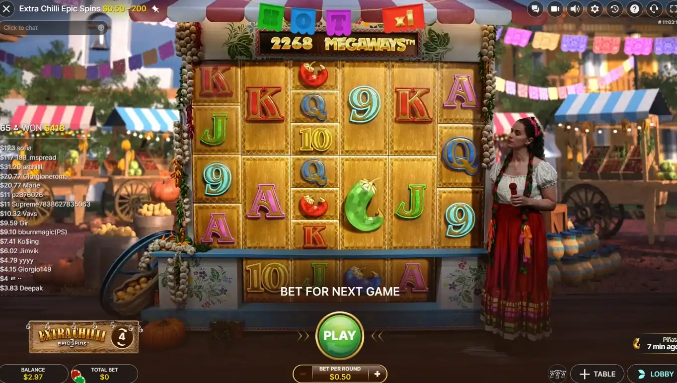 Schermata di gioco Extra Chilli Epic Spins Live con rulli Megaways