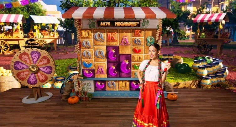 Panoramica del gioco Extra Chilli Epic Spins Live con ruota bonus e conduttore